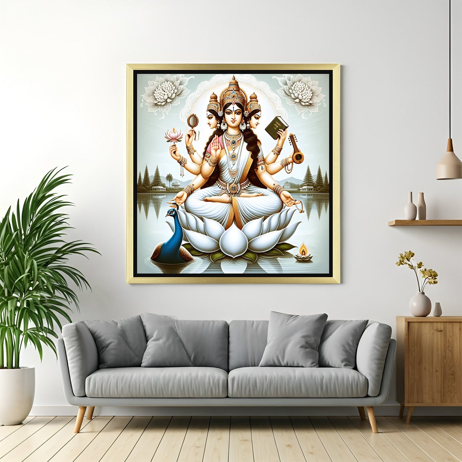 Golden floater frame Goddess Saraswati Canvas Art for home or office, attracting knowledge, calmness, and positive spiritual growth