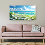 Canvas wall art showing a peaceful scenic view with bright sky, calm sea, soft grass, and scattered flowers for natural and calming interiors