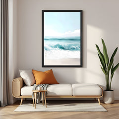 Canvas painting with sea water and beach view in black floater frame, ideal for modern or coastal-themed rooms needing peace and space