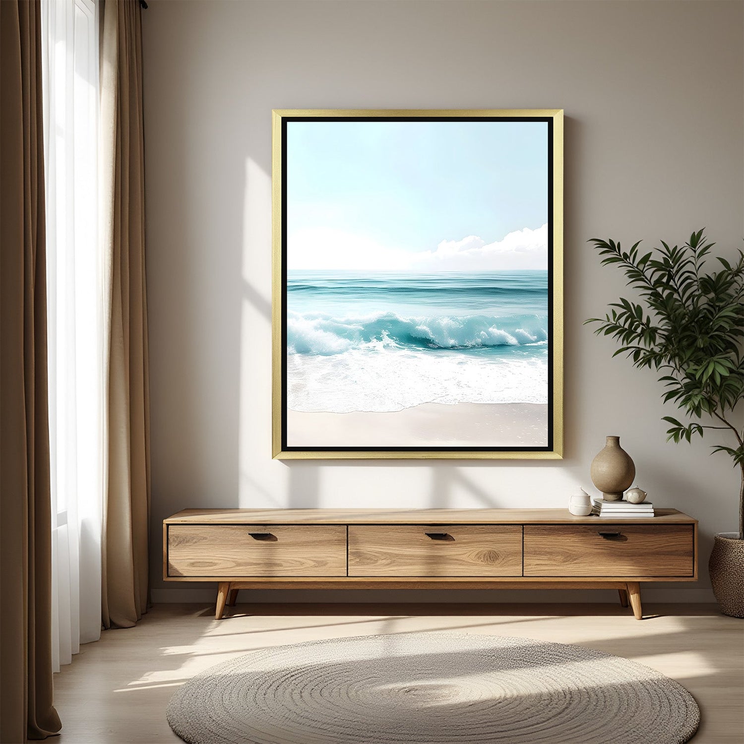 Golden frame beach canvas art featuring ocean waves and sandy shore, blending elegance and nature for peaceful and stylish home decor