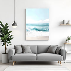 Canvas wall art of a wide ocean view with sea water touching the beach, perfect for adding coastal calmness and natural beauty to home interiors
