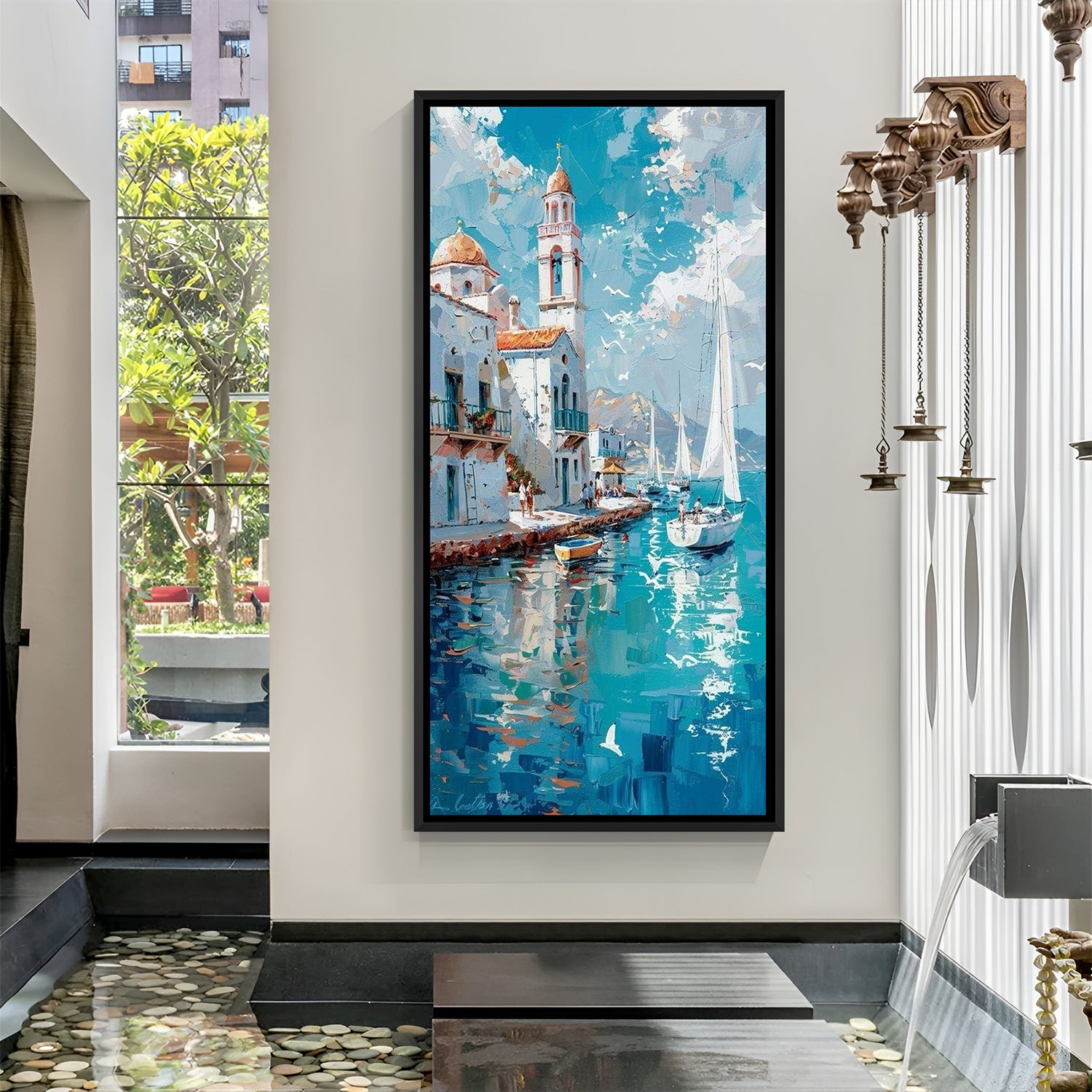 Sea View Hand Painting with Boats in Black Floater Frame | Hand Painted Coastal Canvas Wall Art