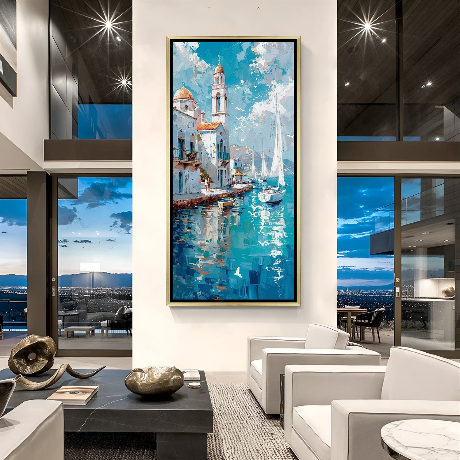 Sea View Hand Painting with Boats in Golden Floater Frame | Vastu Canvas Wall Art