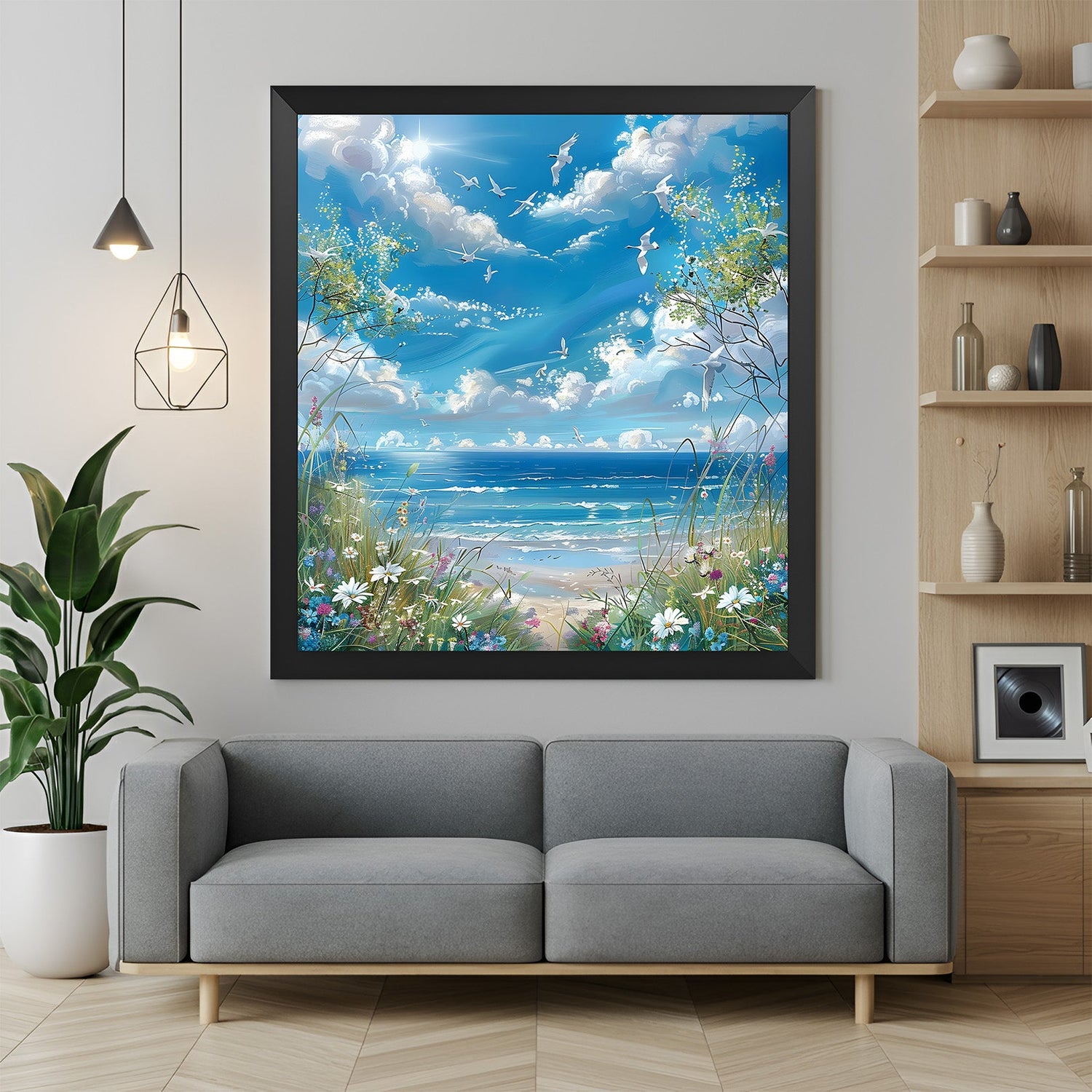 Ocean and floral scenery painting in black floater frame, ideal for modern and minimal decor with a touch of nature and freshness