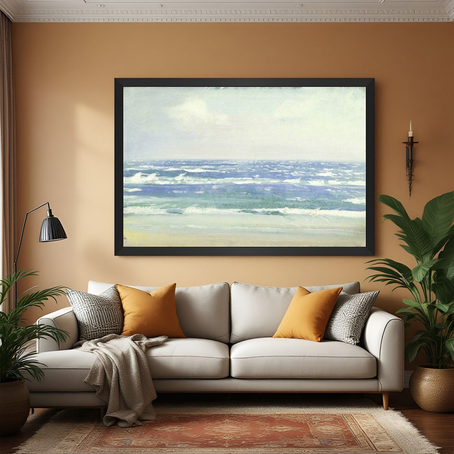 Black-framed canvas print of soft sea waves and sandy beach—vintage ocean view for calming interiors