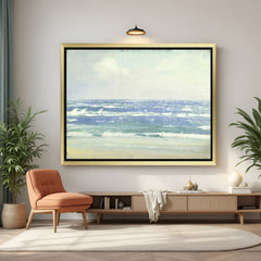 Golden-framed ancient-style wall art of sea waves and beach—elegant coastal canvas decor