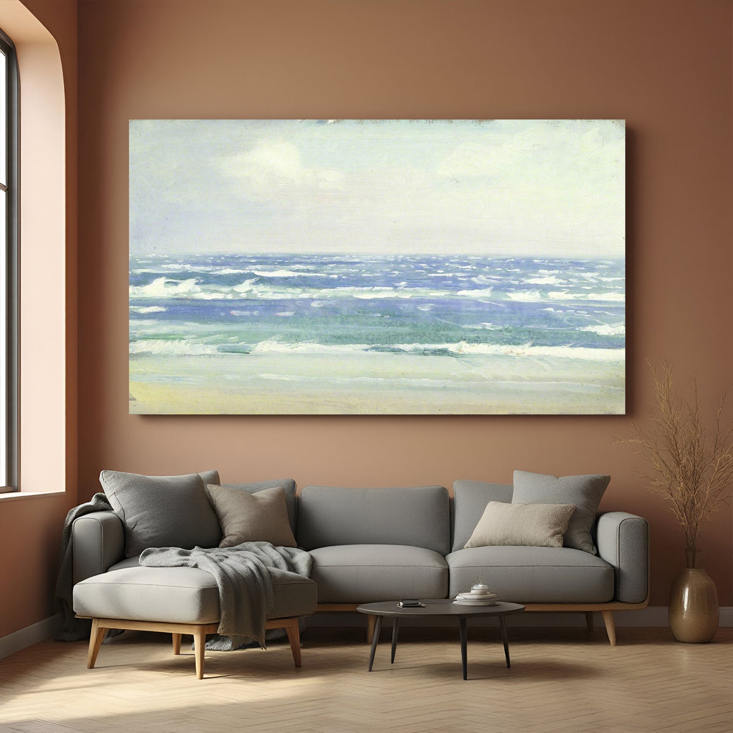 Vintage canvas wall art of ocean waves and a beach—minimalist coastal scene with textured antique style
