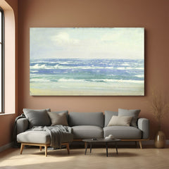 Vintage canvas wall art of ocean waves and a beach—minimalist coastal scene with textured antique style