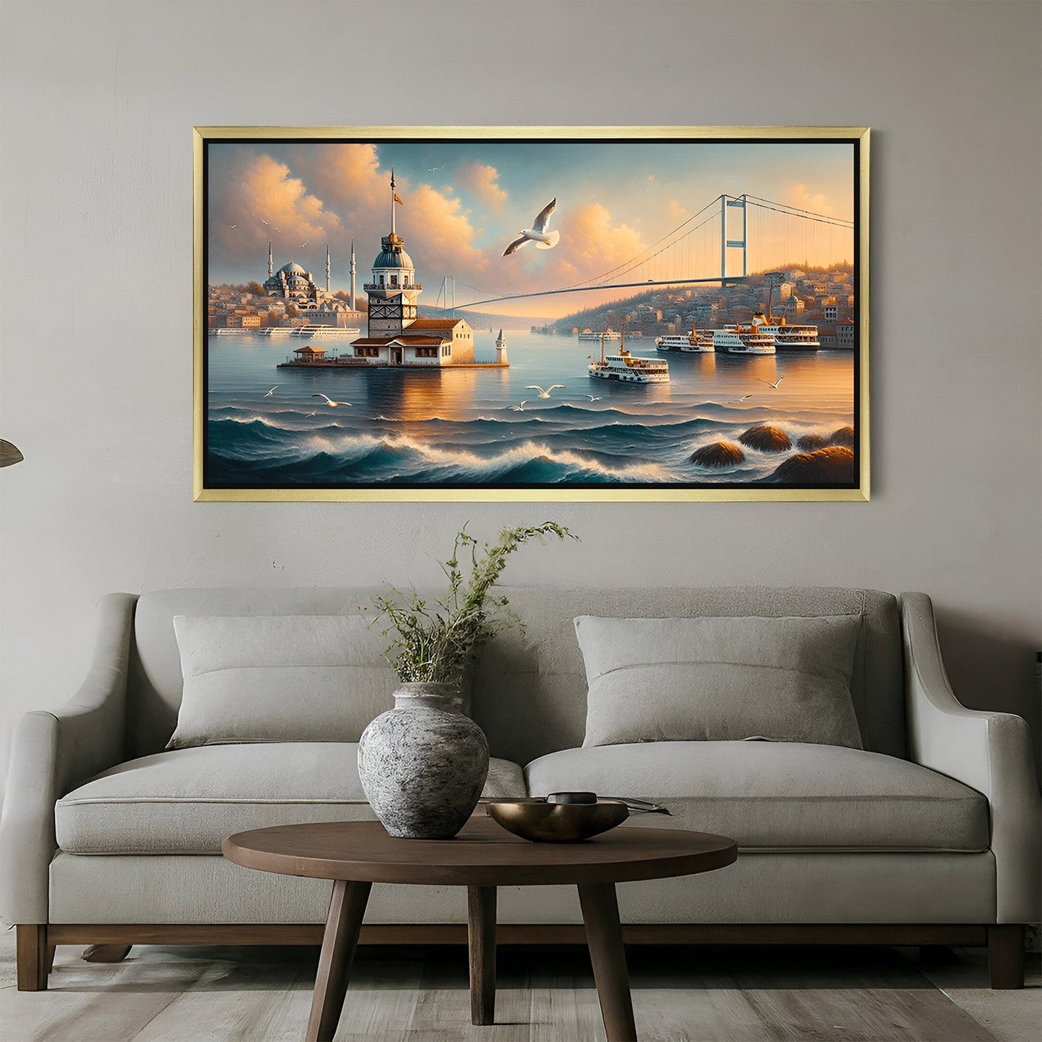 Oceanfront city canvas print with ships and bridge, seagull in flight, displayed in golden floater frame for elegant and calming home decor