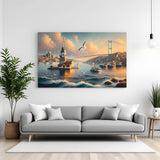 Canvas wall art of a scenic sea view with flying seagull, bridge, ships, and a small city skyline in the background, perfect for travel-inspired decor