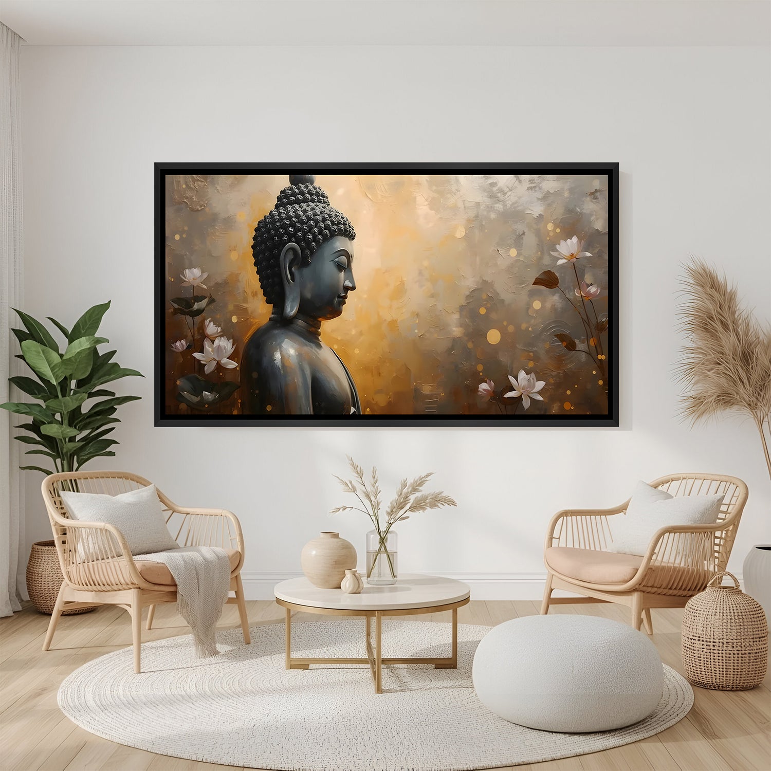 Serene Buddha Lotus spiritual canvas artwork in premium black floater frame
