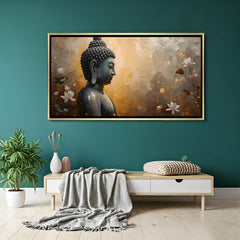 Serene Buddha wall art in luxury golden floater frame with lotus flower spiritual design