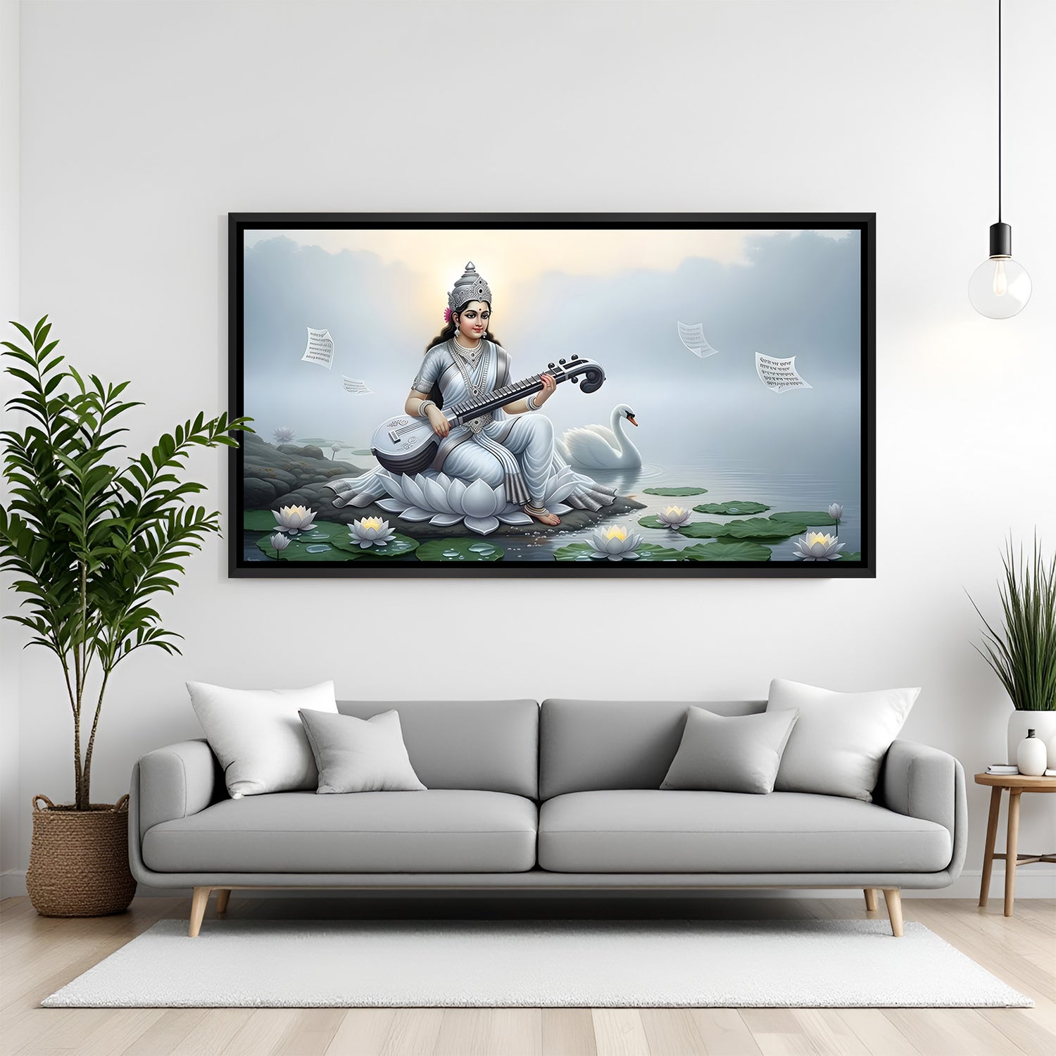Serene Saraswati wall art in black floater frame mounted in contemporary home interior setting.