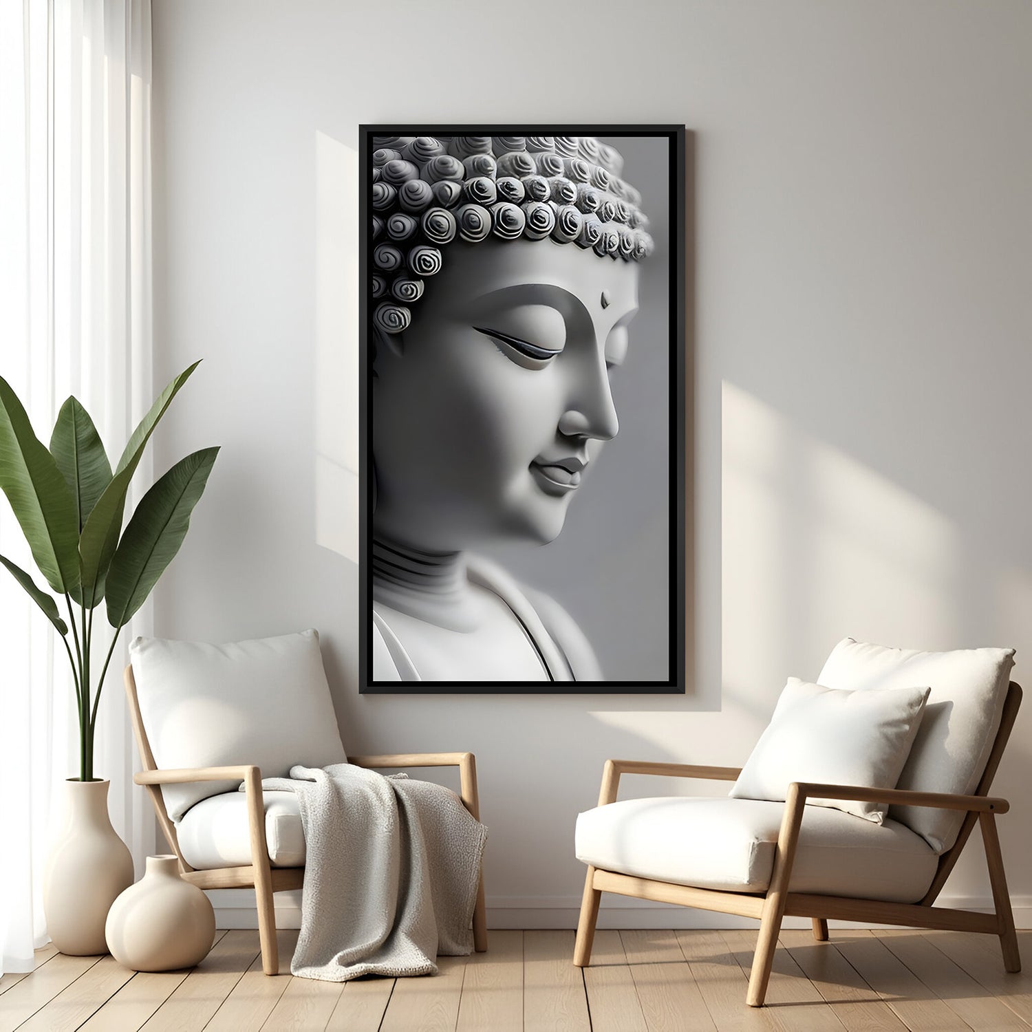 Modern marble Buddha portrait artwork in black frame with sculptural detail.