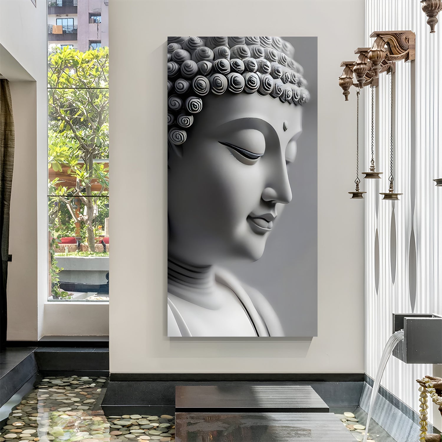 Minimal monochrome Buddha close up wall art in vertical canvas format.