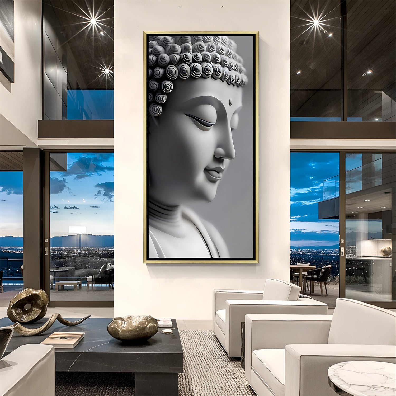 Luxury neutral Buddha close up canvas in white frame for contemporary interiors.