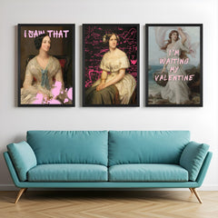 Canvas wall art set featuring three expressive women with texts “I Saw That,” a brain-themed calculation scene, and “Waiting for My Valentine” – all in black floater frames for modern home decor