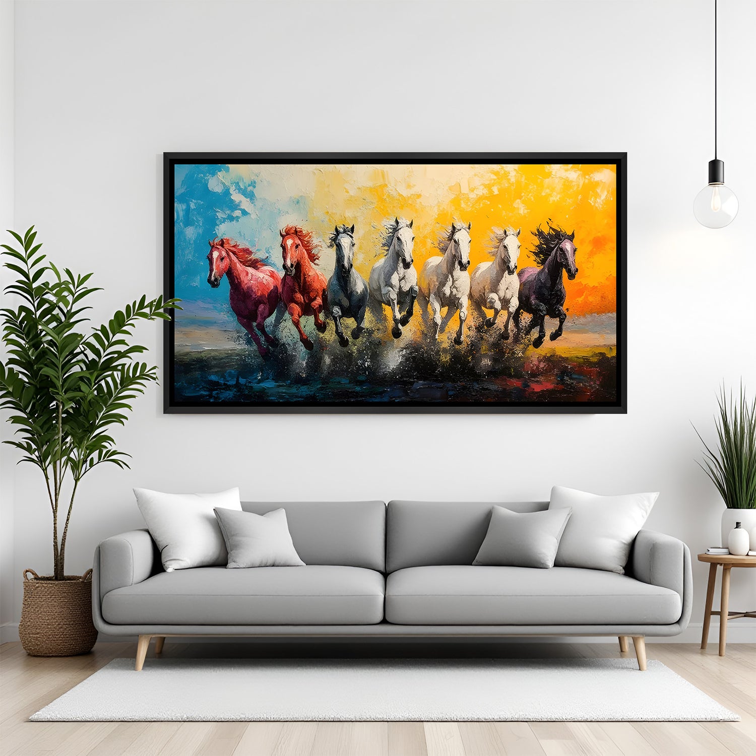 Seven colorful running horses painting in black floater frame modern canvas wall art for office decor India