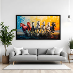 Seven colorful running horses painting in black floater frame modern canvas wall art for office decor India