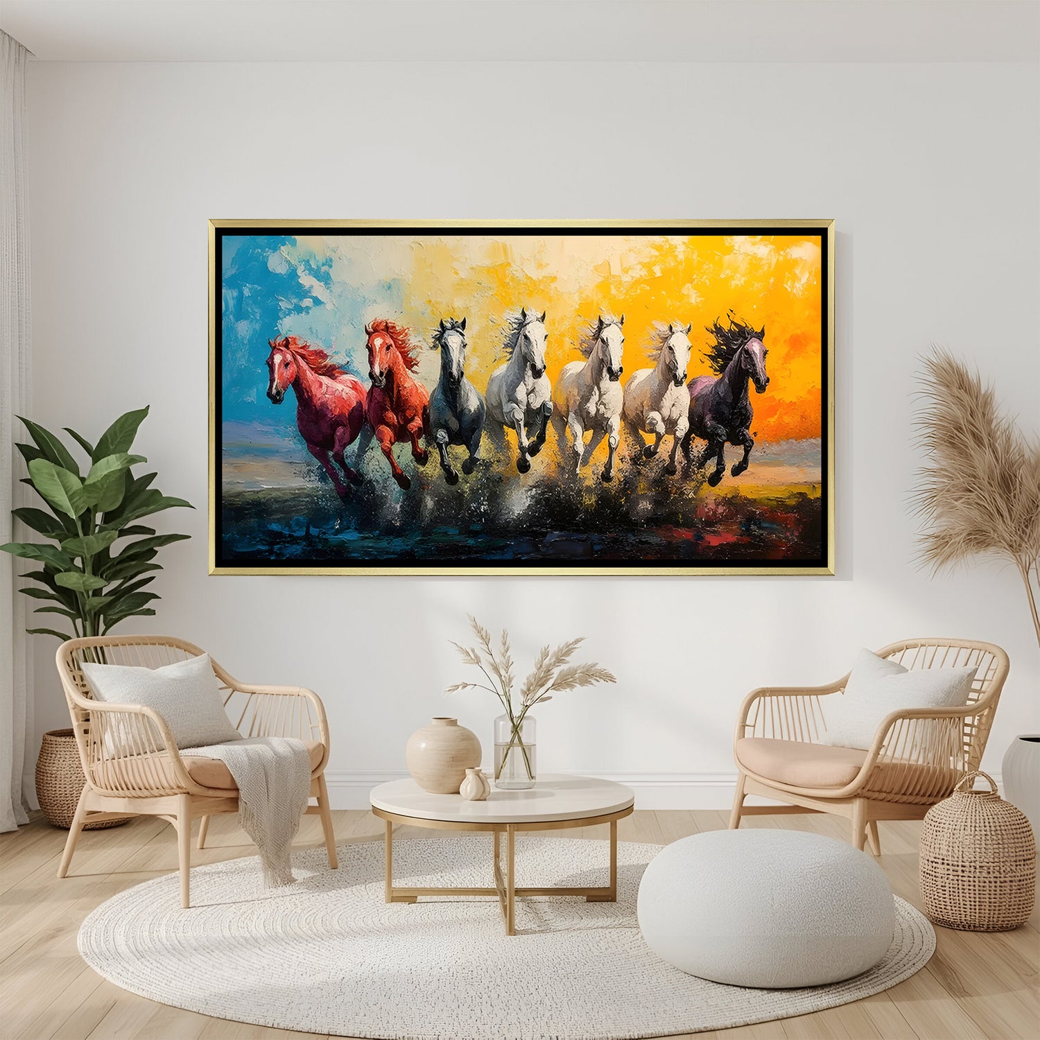 Seven colorful running horses canvas wall art in golden floater frame luxury Vastu decor India
