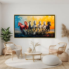 Seven colorful running horses canvas wall art in golden floater frame luxury Vastu decor India