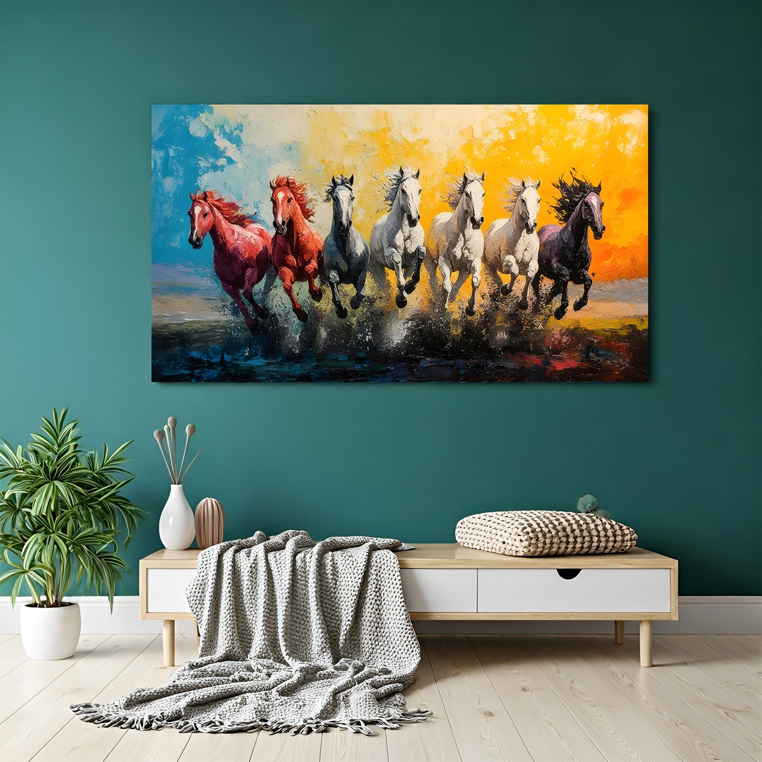Seven colorful running horses canvas wrap wall art abstract Vastu horse painting for living room decor India