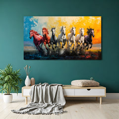 Seven colorful running horses canvas wrap wall art abstract Vastu horse painting for living room decor India