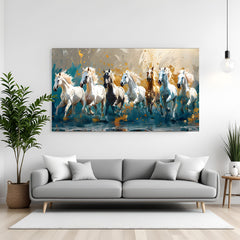 Seven galloping horses teal and gold modern canvas wall painting