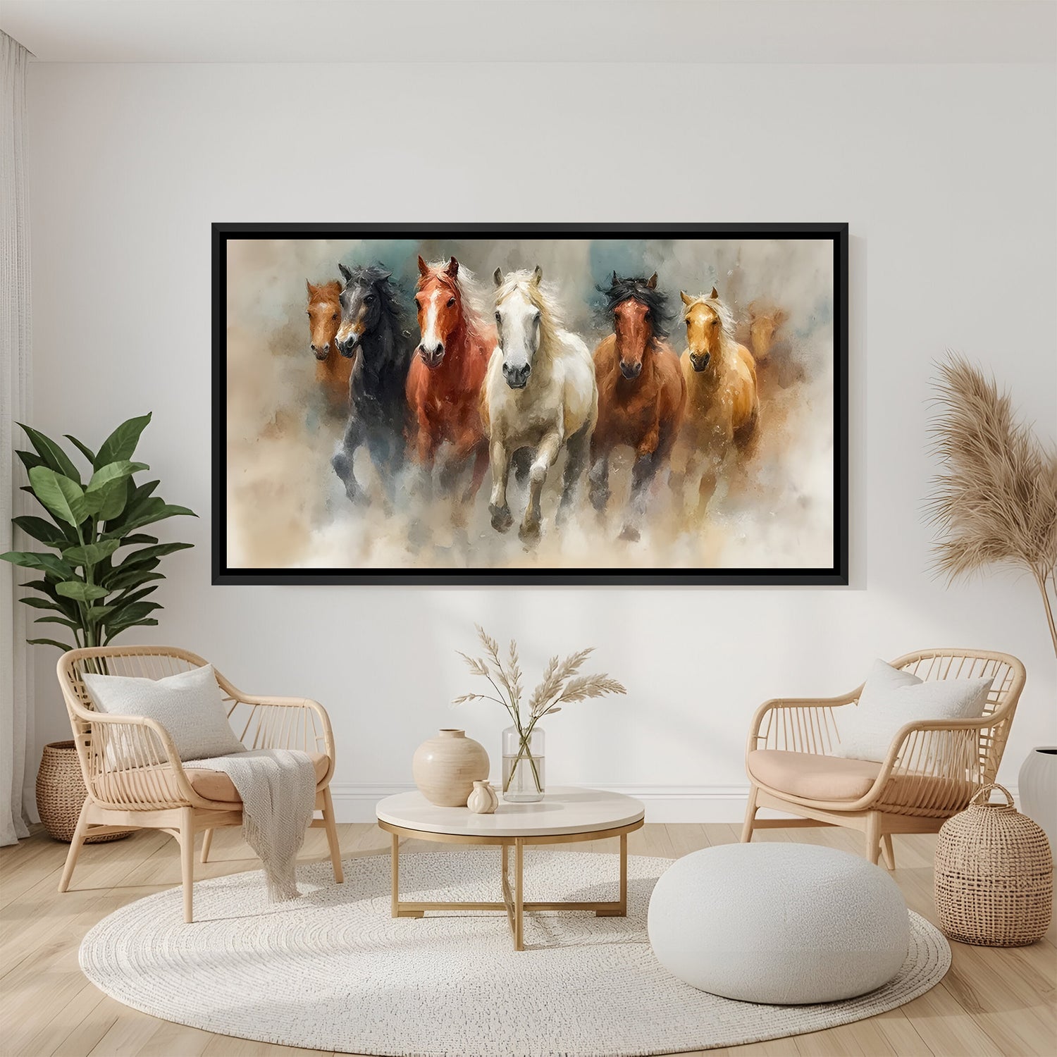 Seven horses abstract painting in black floater frame panoramic canvas wall art for office decor India