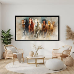 Seven horses abstract painting in black floater frame panoramic canvas wall art for office decor India