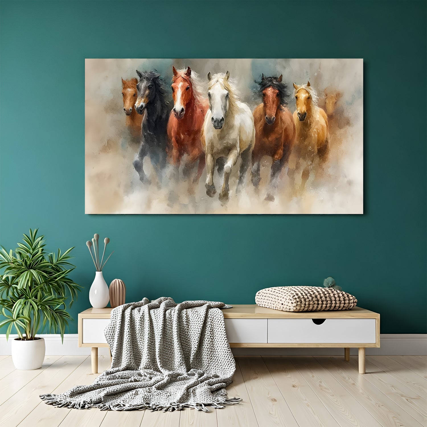 Seven horses abstract canvas wrap wall art modern Vastu horse painting for living room decor India