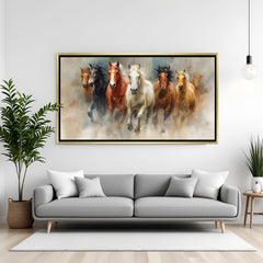 Seven horses abstract canvas wall art in golden floater frame luxury Vastu decor India