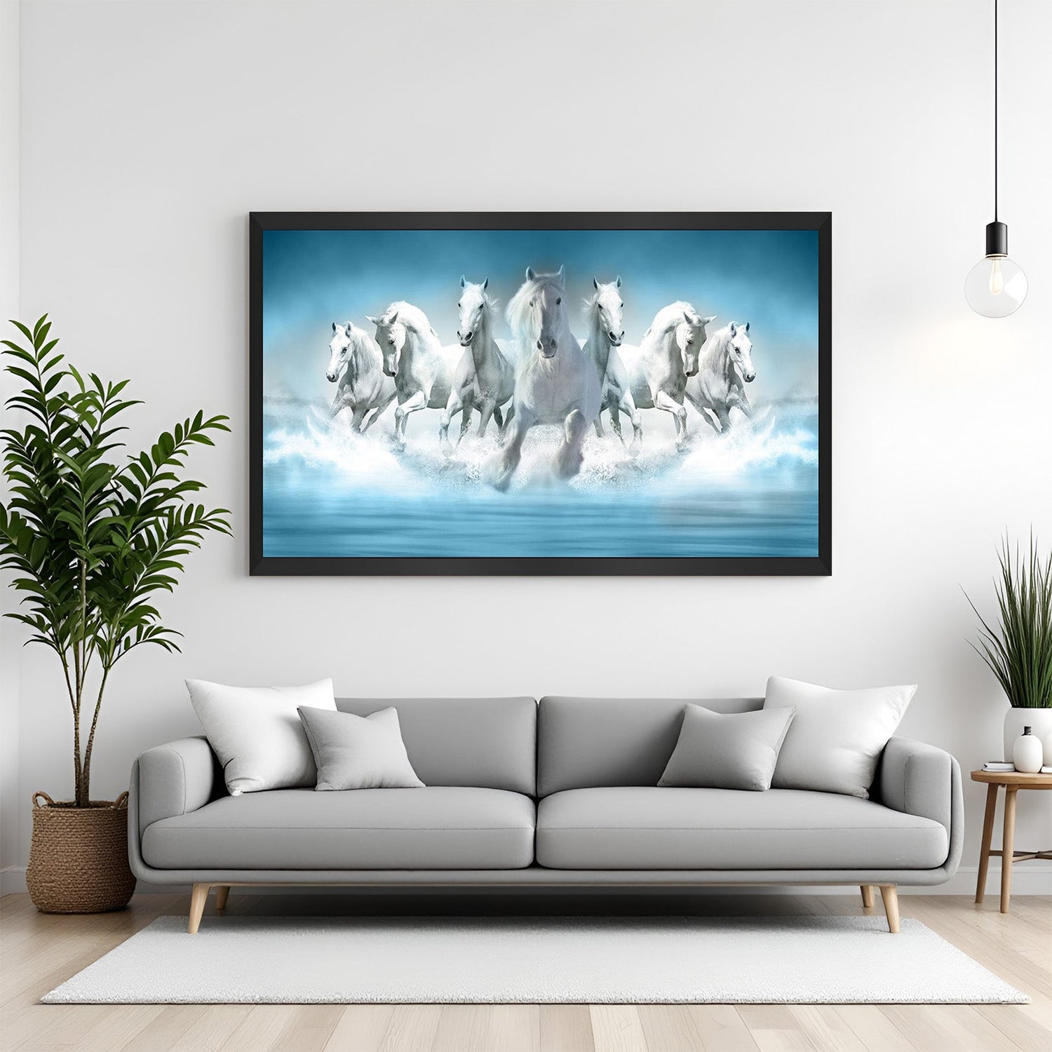 Seven running horses canvas painting in black floater frame for stylish Vastu café and hotel wall decor