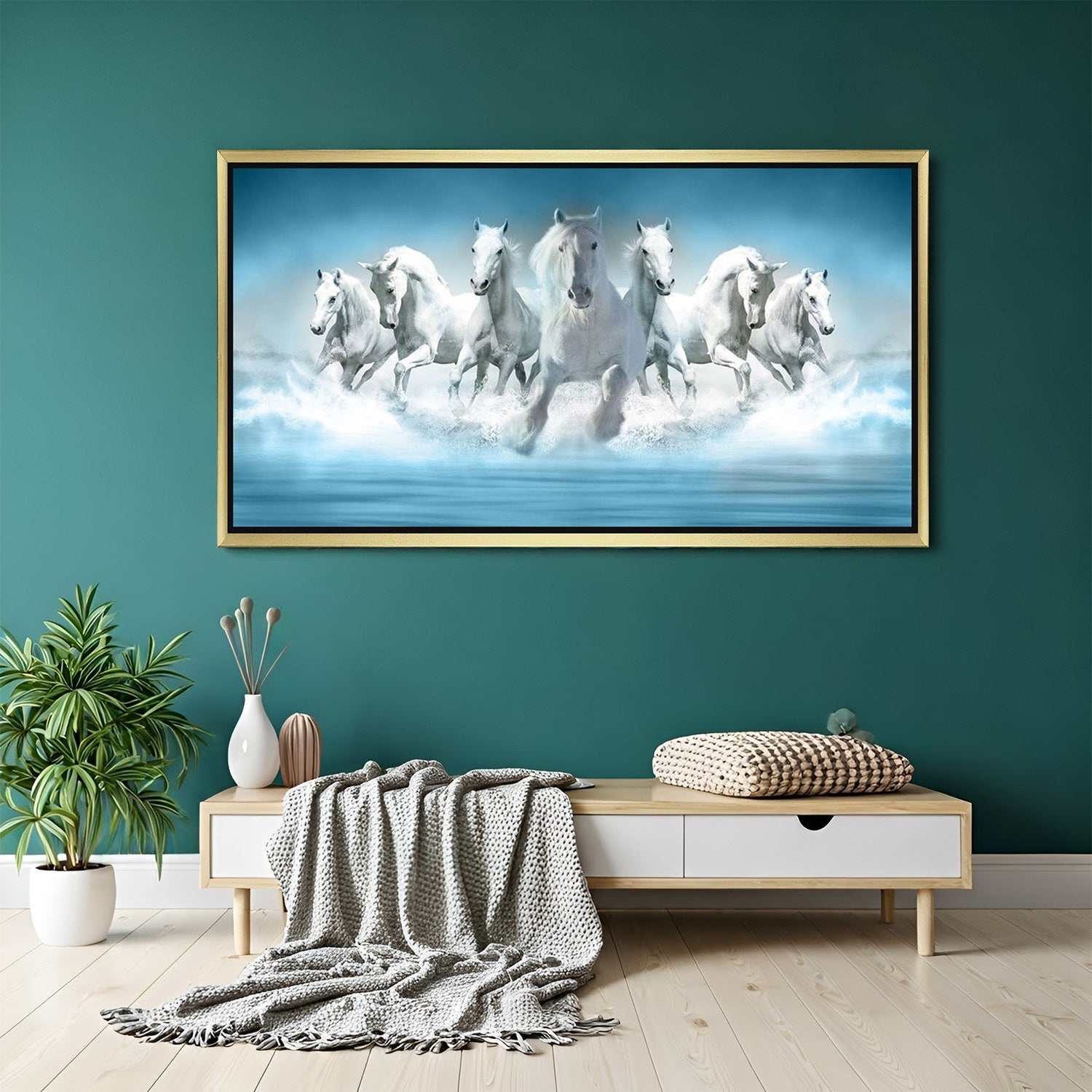 Golden frame seven horses wall art for energetic and growth-focused Vastu decoration in hotels and cafés