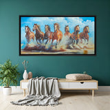Seven brown horses hand painting in black floater frame – original Vastu canvas artwork for success and growth