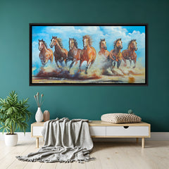 Seven brown horses hand painting in black floater frame – original Vastu canvas artwork for success and growth
