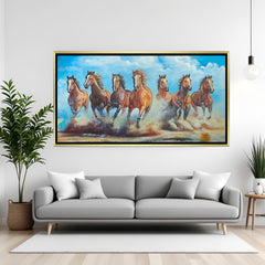 Seven brown stallions hand painted canvas artwork in golden floater frame – Vastu wall art for prosperity and strength
