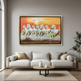 Seven horses hand painting in golden floater frame – spiritual Vastu canvas artwork for prosperity and success