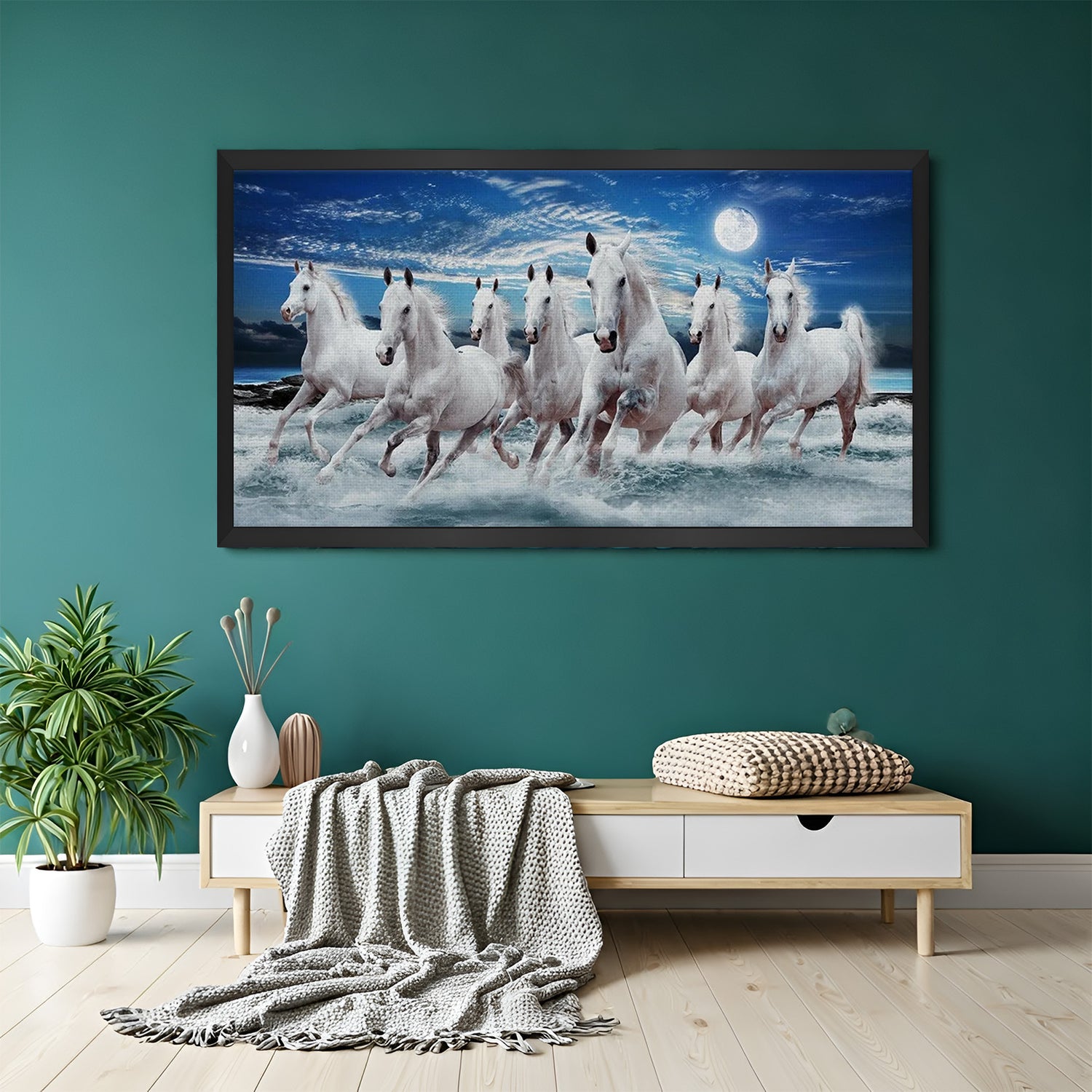 Seven Horses Hand Painting Canvas Wall Art with Moonlight in Black Floater Frame for Vastu and Home Decor