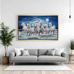 Seven Horses Hand Painting Canvas Wall Art with Moonlight in Golden Floater Frame for Vastu and Home Decor