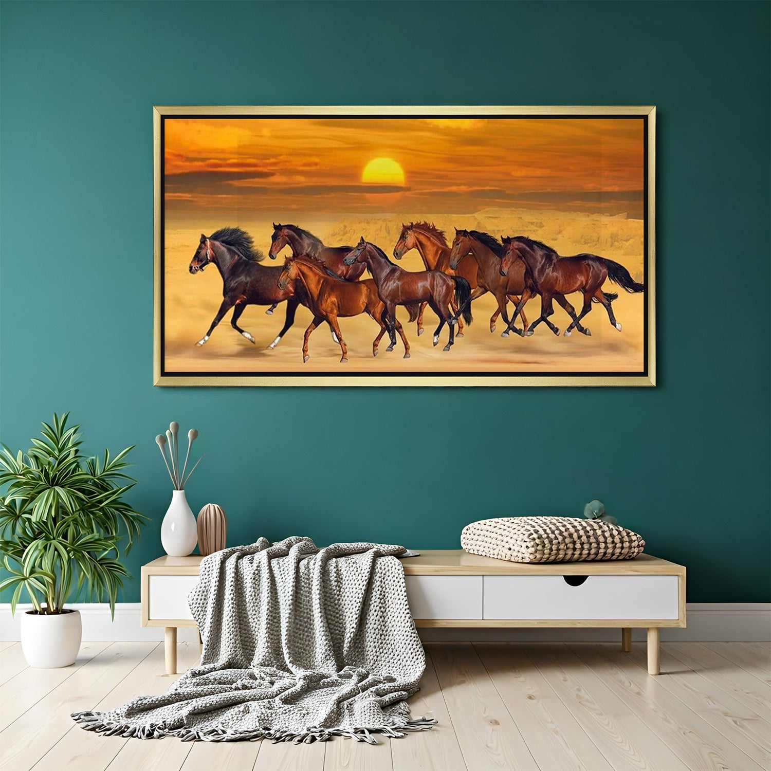 Seven Horses Hand Painting Canvas Wall Art with Sunset Desert in Golden Floater Frame for Vastu and Home Decor