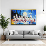 Seven Horses Hand Painting Canvas Wall Art with Sunset Moon in Golden Floater Frame for Vastu and Home Decor