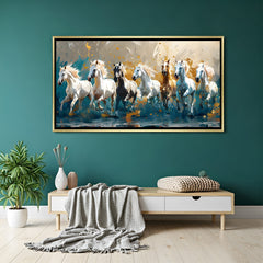 Seven white horses teal abstract artwork in golden floater frame