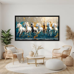 Seven running horses contemporary wall art in black floater frame