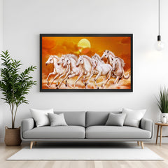 Seven Horses Vastu Hand Painting Running Horses Canvas Wall Art in Black Floater Frame