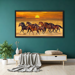 Seven horses canvas painting in black floater frame with vastu elements and bold design for bedroom decor and prosperity enhancement