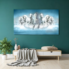 Seven horses Vastu canvas wall art symbolizing speed and success for hotel and café wall decoration