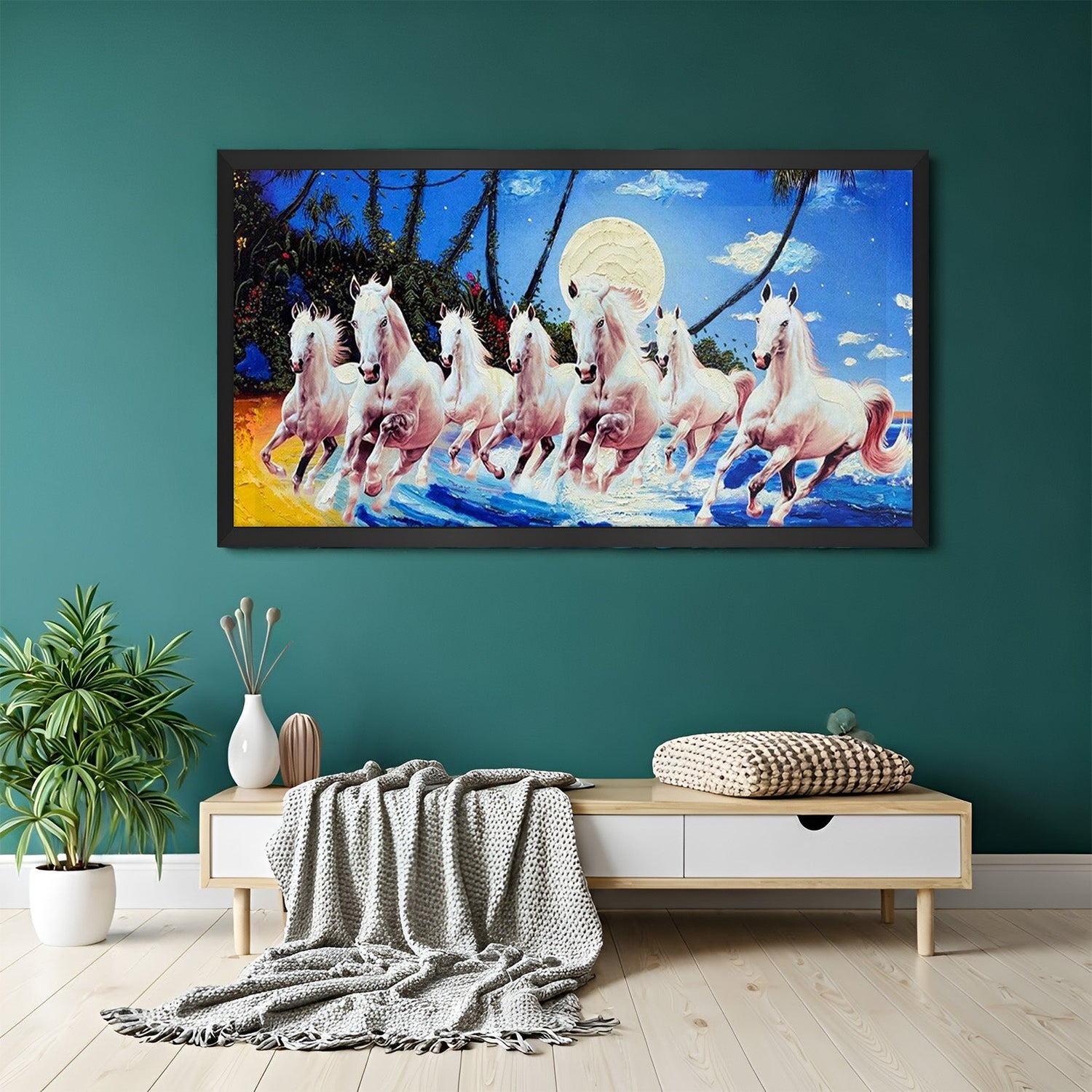 Seven running horse painting in black floater frame with bold vastu artwork, inspiring progress, energy, and power for home and workspace decor