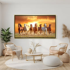 Seven running horses sunset canvas wall art in golden floater frame luxury Vastu decor India