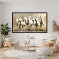Seven white horses beige painting in black floater frame panoramic canvas wall art for office decor India